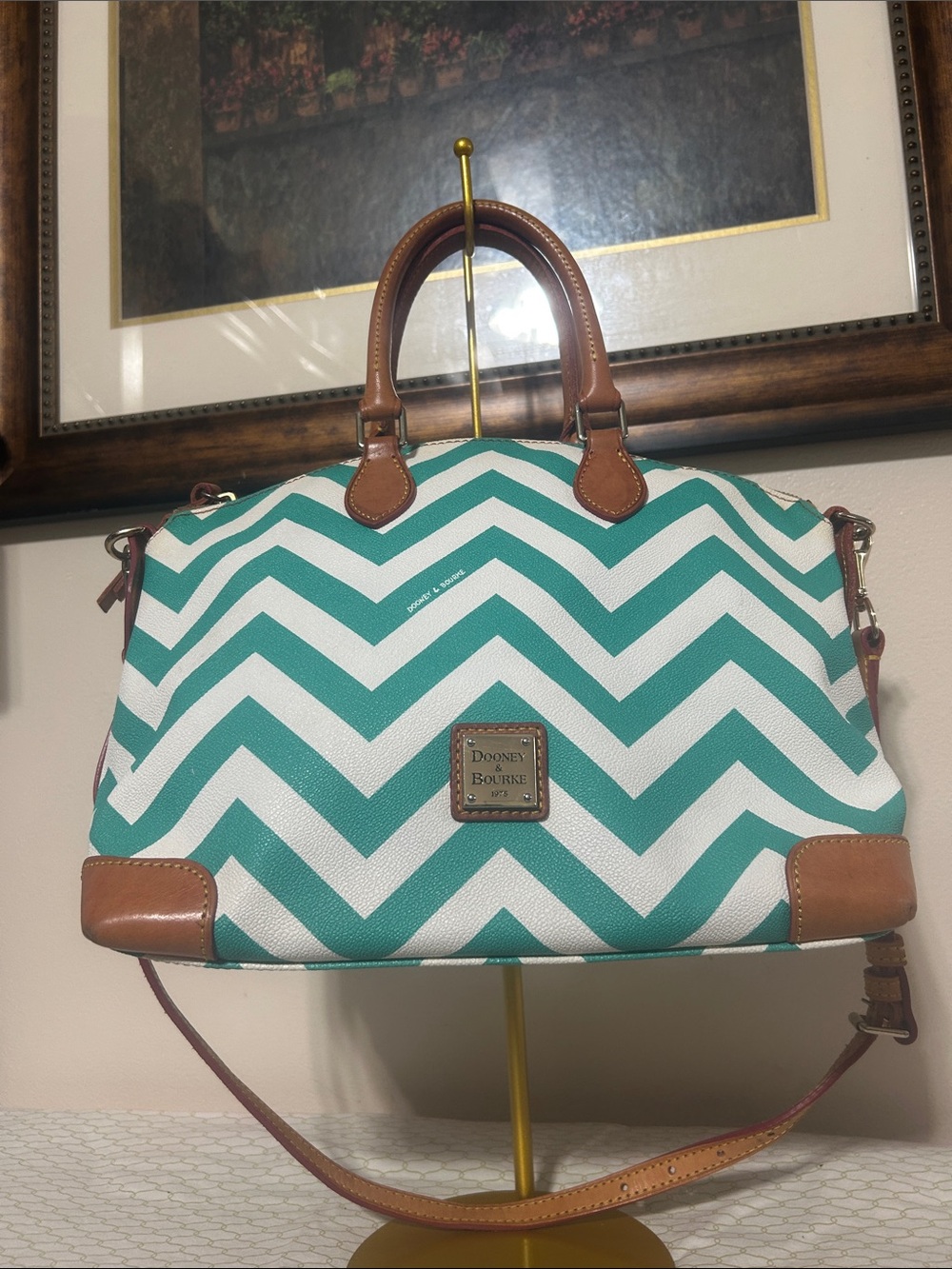 Dooney & Bourke Teal and White Chevron Satchel with Brown Trim